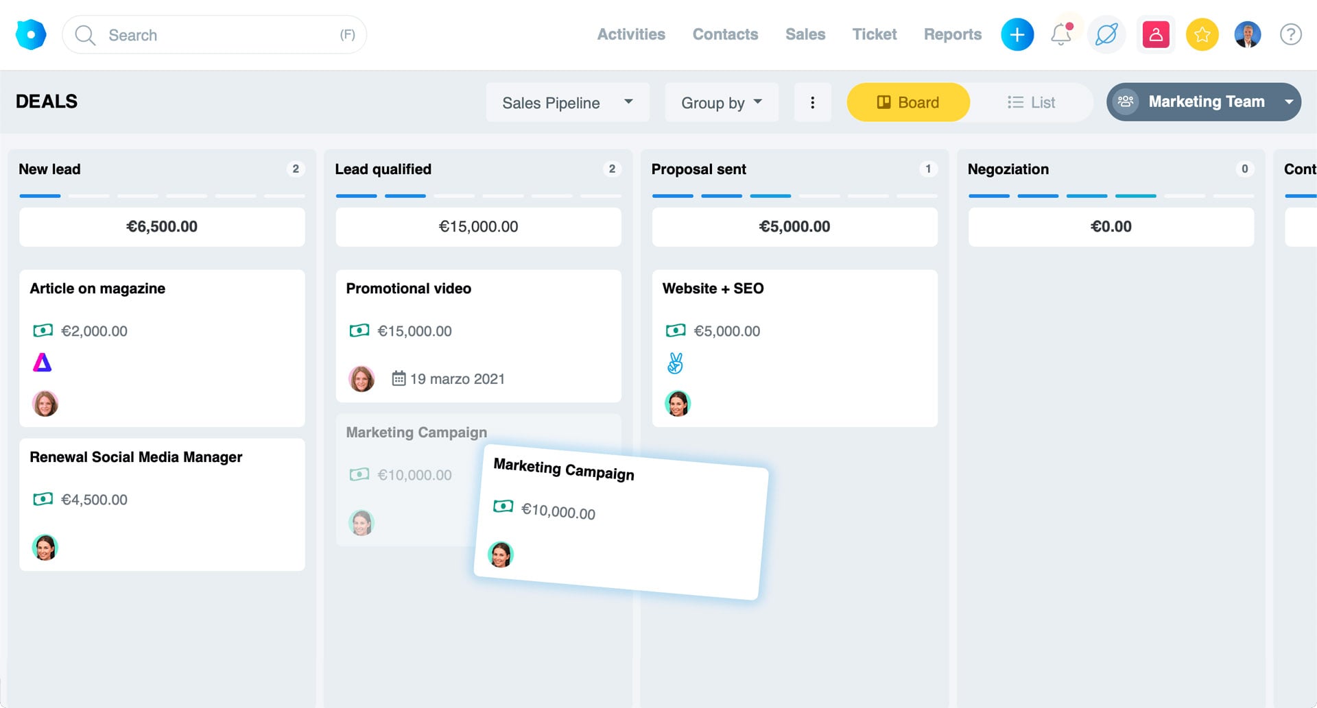 Create sales leads on saved contacts, define the amount and the sales phase. Through different pipelines you will have everything under control and the follow-up with contacts will be immediate.