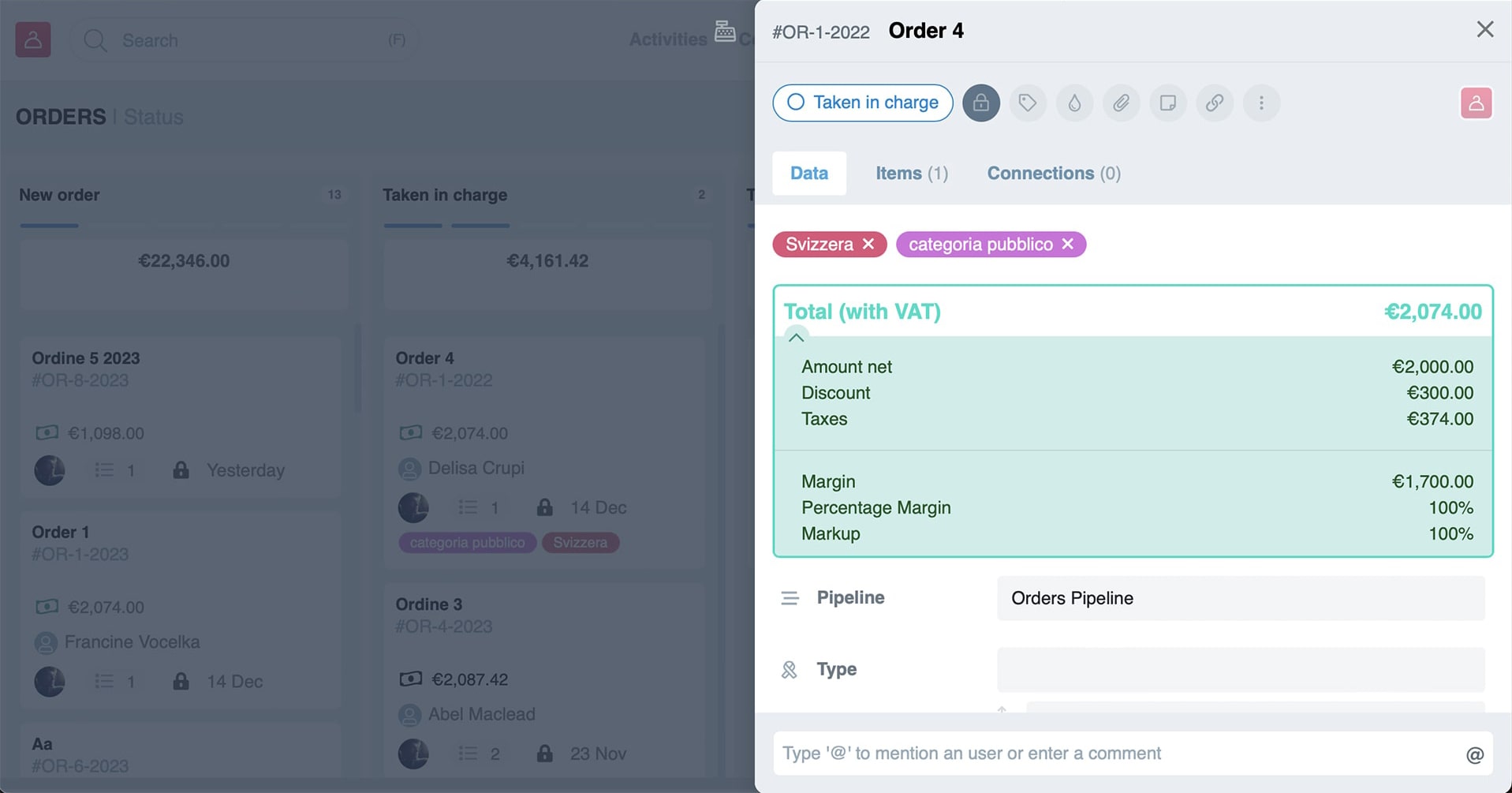 Create orders with items from the service and product catalog and update the progress status. With multiple pipelines, you will always be in control, and customer updates will be immediate.