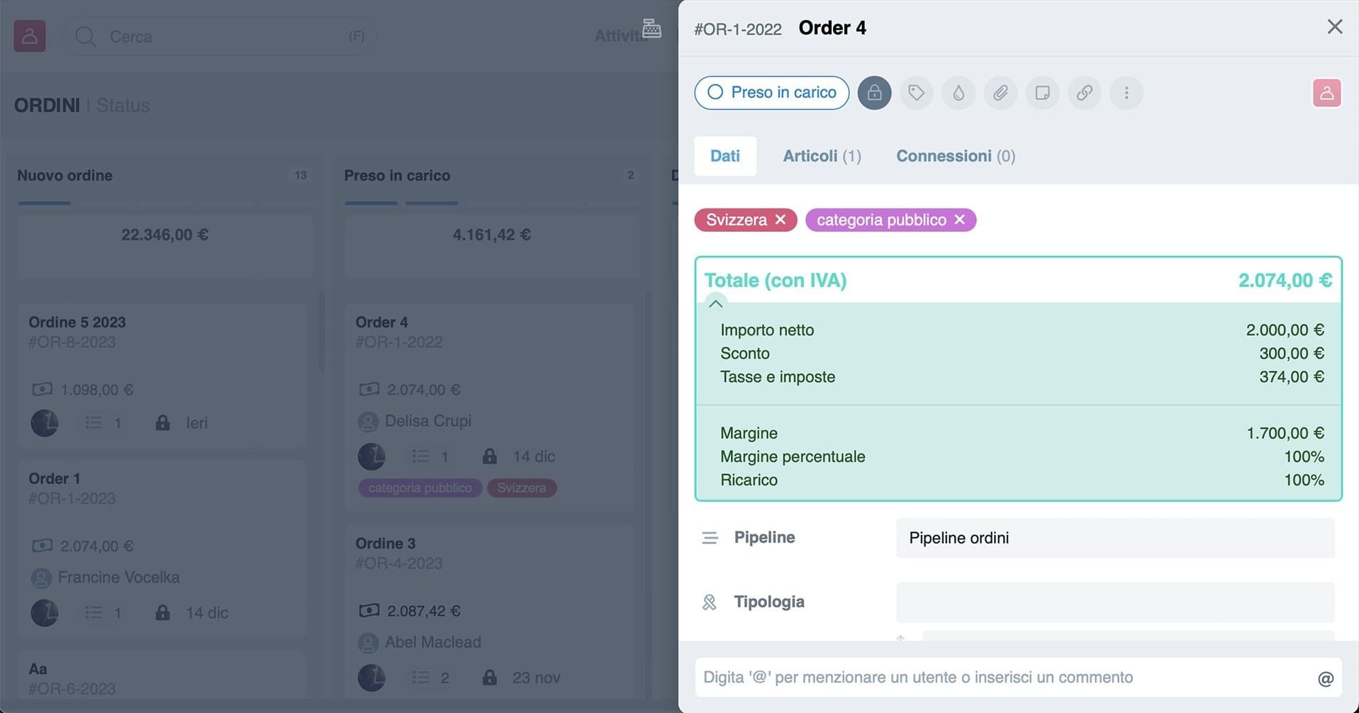 Crea ordini con articoli dal catalogo servizi e prodotti e aggiorna lo stato di avanzamento. Attraverso diverse pipeline avrai tutto sotto controllo e l'aggiornamento con i clienti sarà immediato.