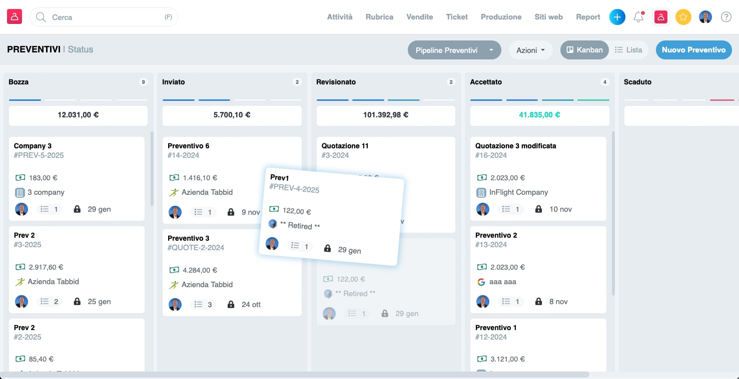 Crea preventivi con articoli dal catalogo servizi e prodotti e aggiorna lo stato di avanzamento. Attraverso diverse pipeline avrai tutto sotto controllo e il team commerciale avrà tutto sotto controllo.