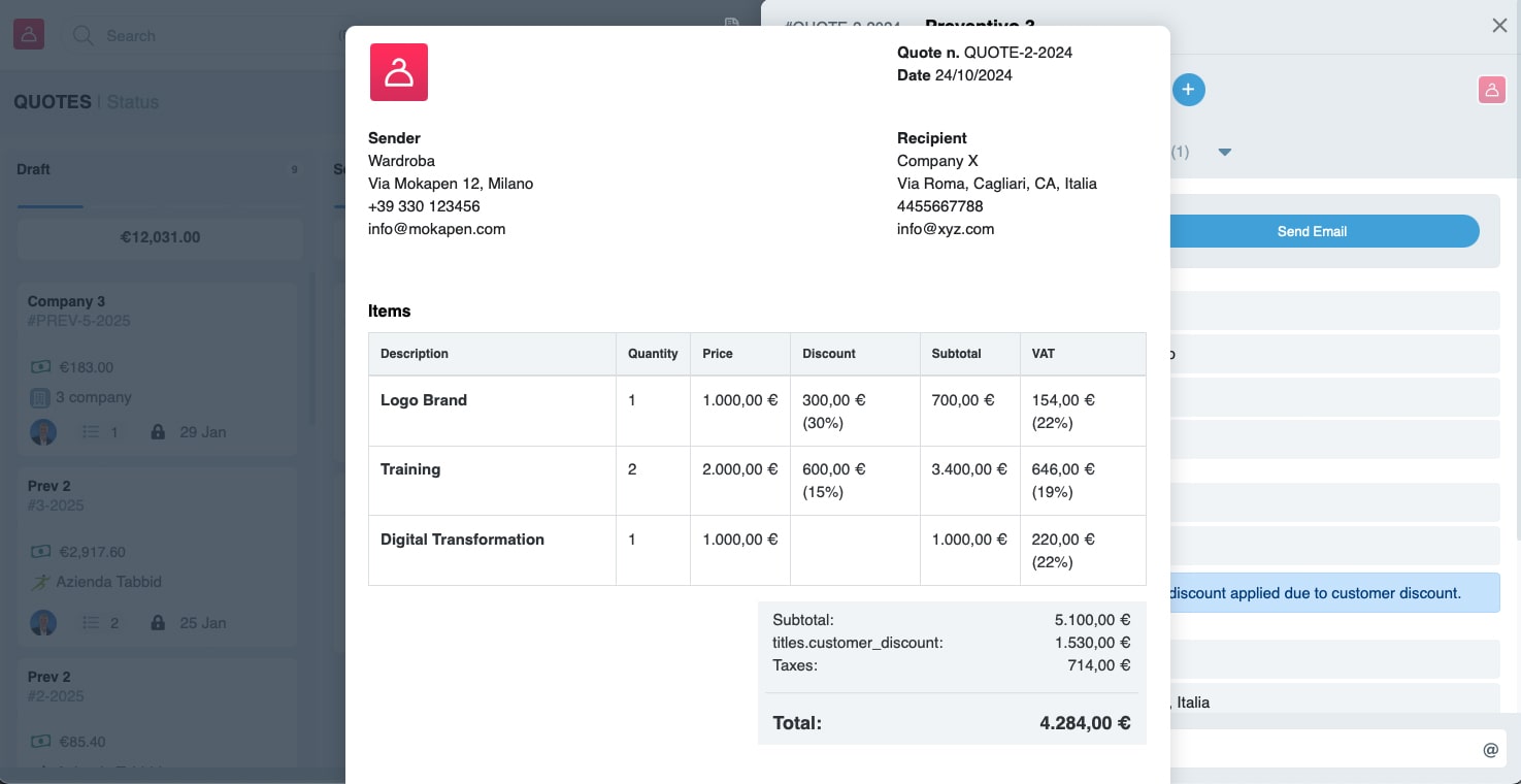 Manage amounts, automatic or dedicated discounts, and tax rates for your country. Generate the quote document and send it directly to the customer.