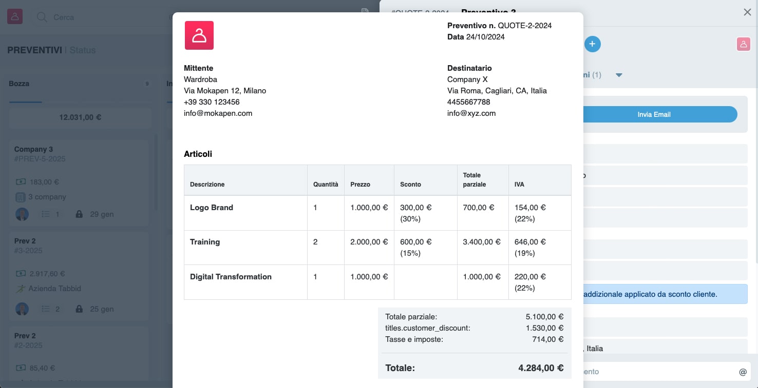 Gestisci importi, sconti automatici o dedicati e aliquote fiscali per il tuo paese. Crea il documento del preventivo e invialo direttamente al cliente.